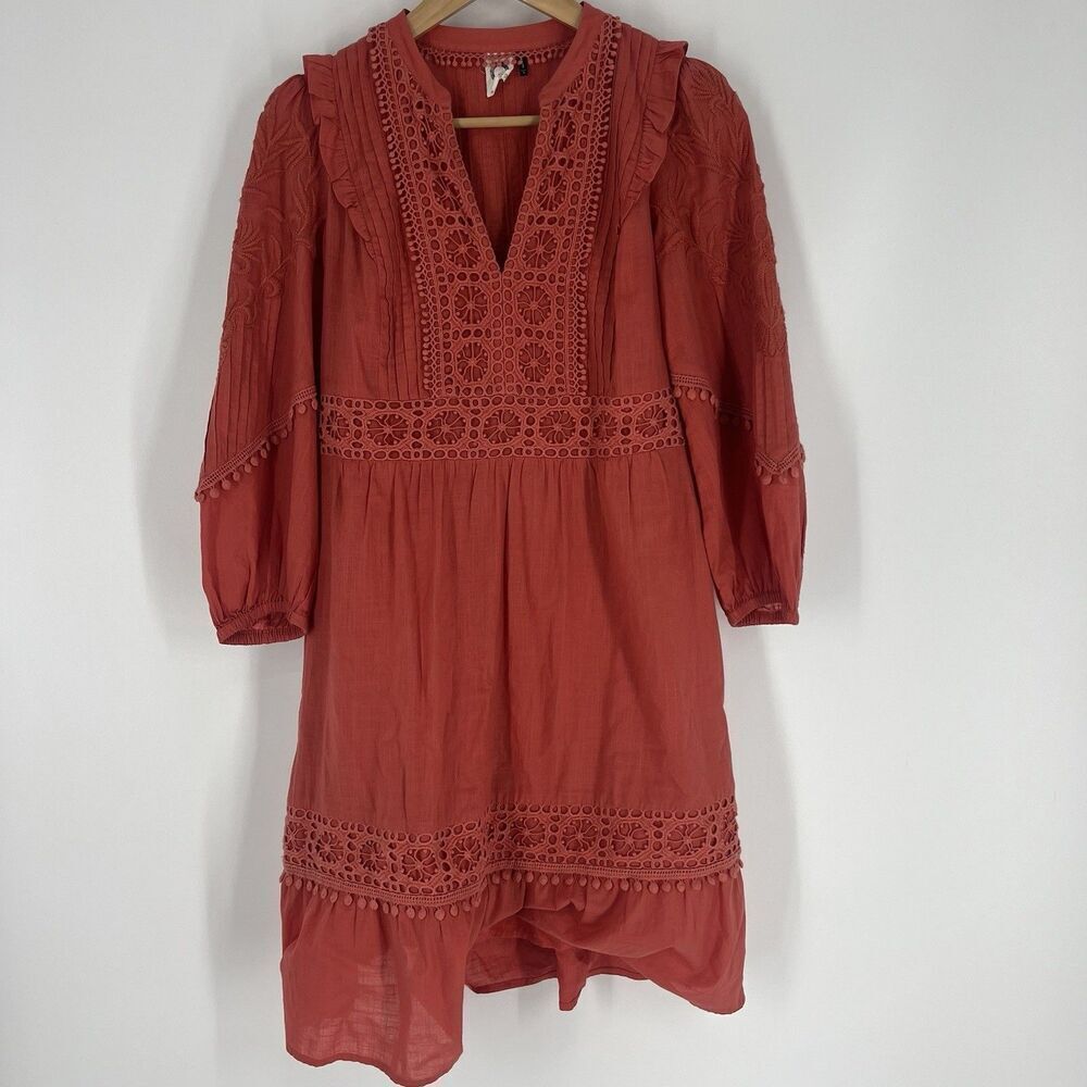 Anthropologie Akemi + Kin Dress Size Small Coral Pink Josephine Embroidered Boho